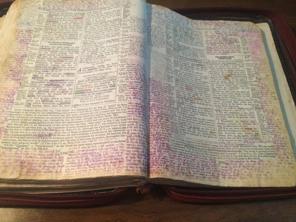A sample page from my journaling Bible, a Scofield I received in about 1977. (You can tell by the crossed-out headings that I often disagreed with Mr. Scofield.)